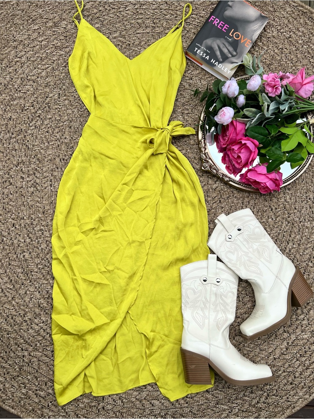 Tyche Lemon-Green Spaghetti Strap Wrap Midi Dress